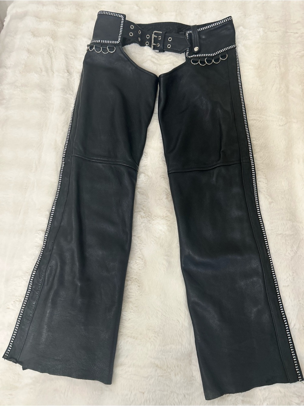 Motorcycle or Festival Chaps with Rhinestone Trim, Real Leather